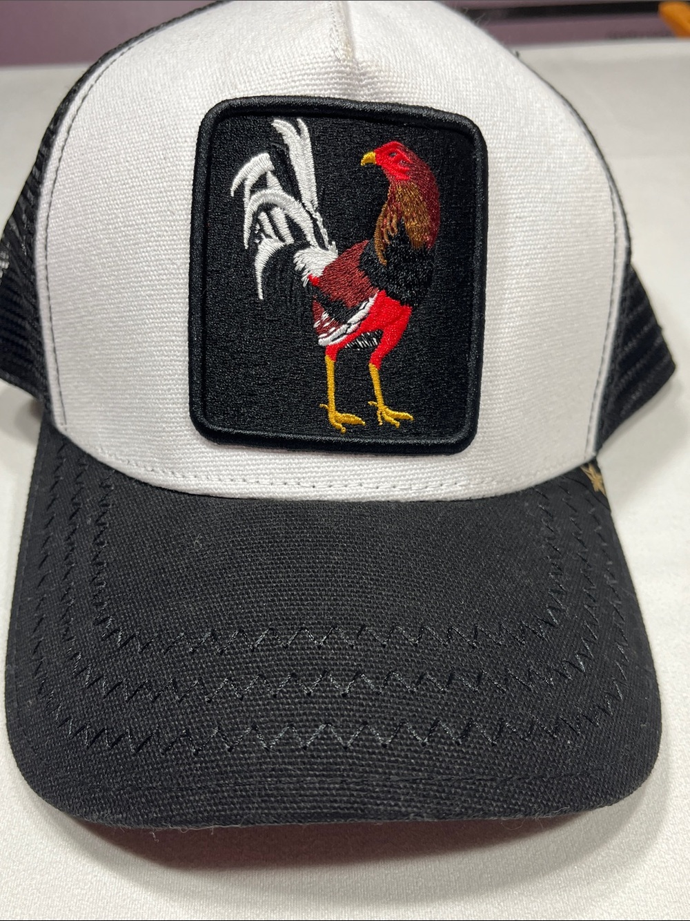 Gold Star Rooster Trucker Hat Snapback Black White Mesh Cap Adult
